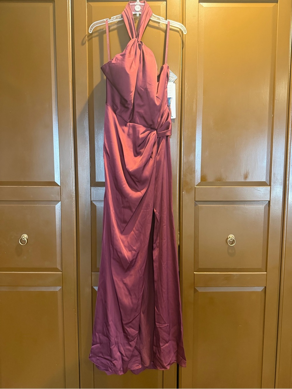 Mori Lee Luxe Satin Halter Gown in BORDEAUX